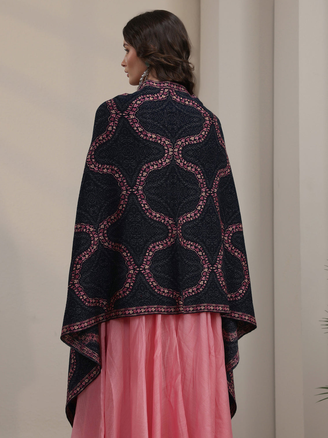 Mameraa Navy Blue Ethnic Knitted Acrylic Wrap Shawl