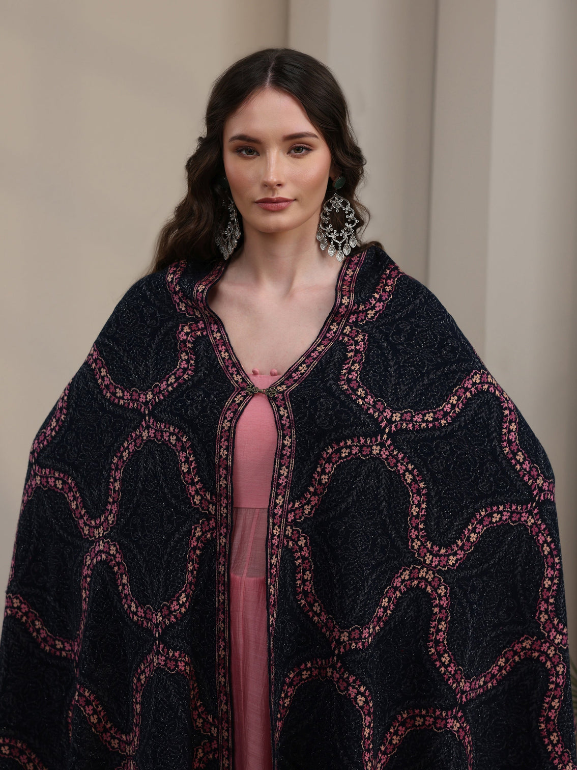 Mameraa Navy Blue Ethnic Knitted Acrylic Wrap Shawl