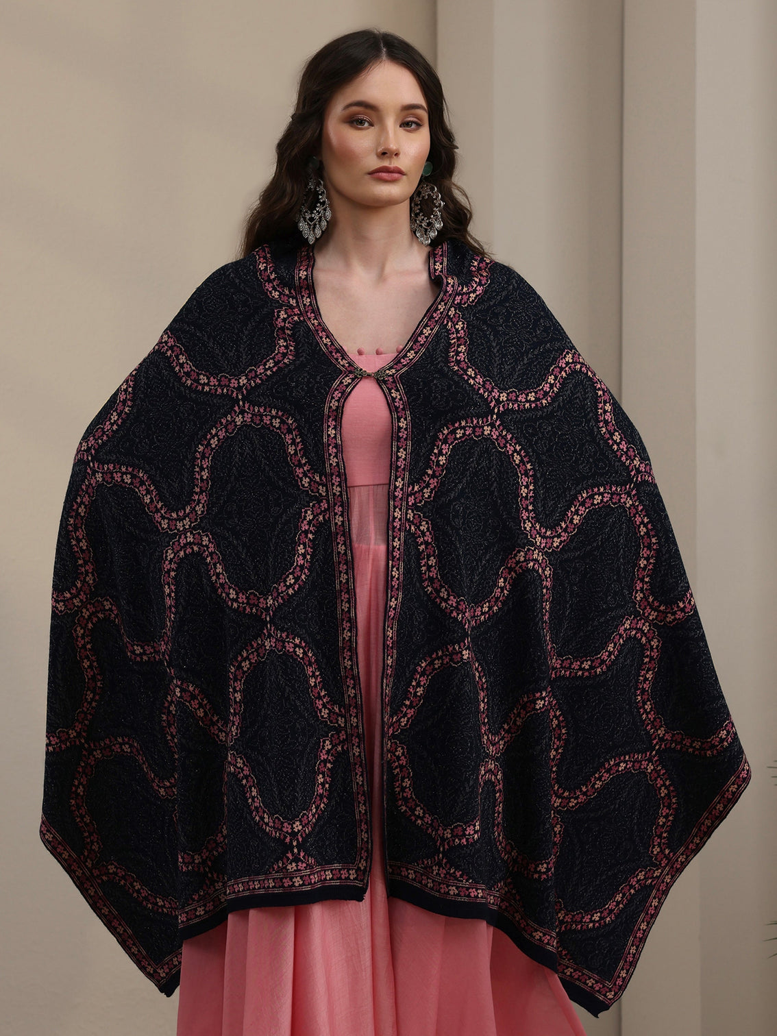 Mameraa Navy Blue Ethnic Knitted Acrylic Wrap Shawl