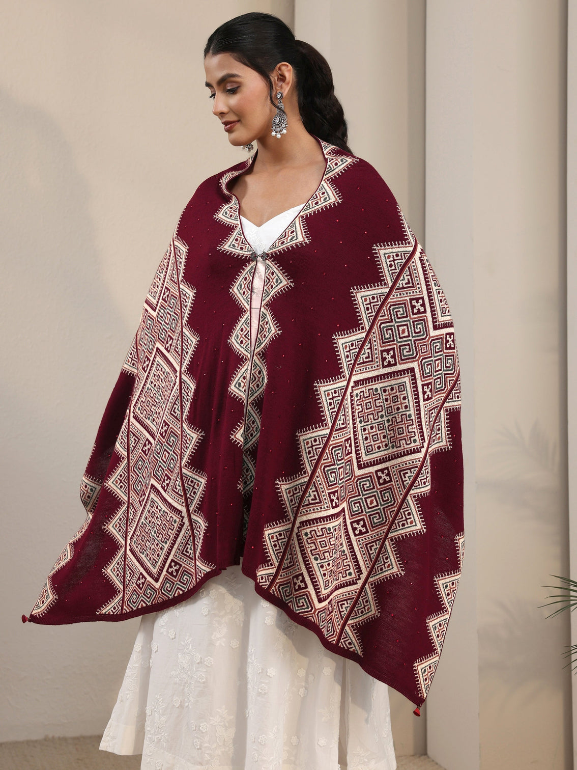 Mameraa Maroon Geometric Knitted Acrylic Wrap Shawl