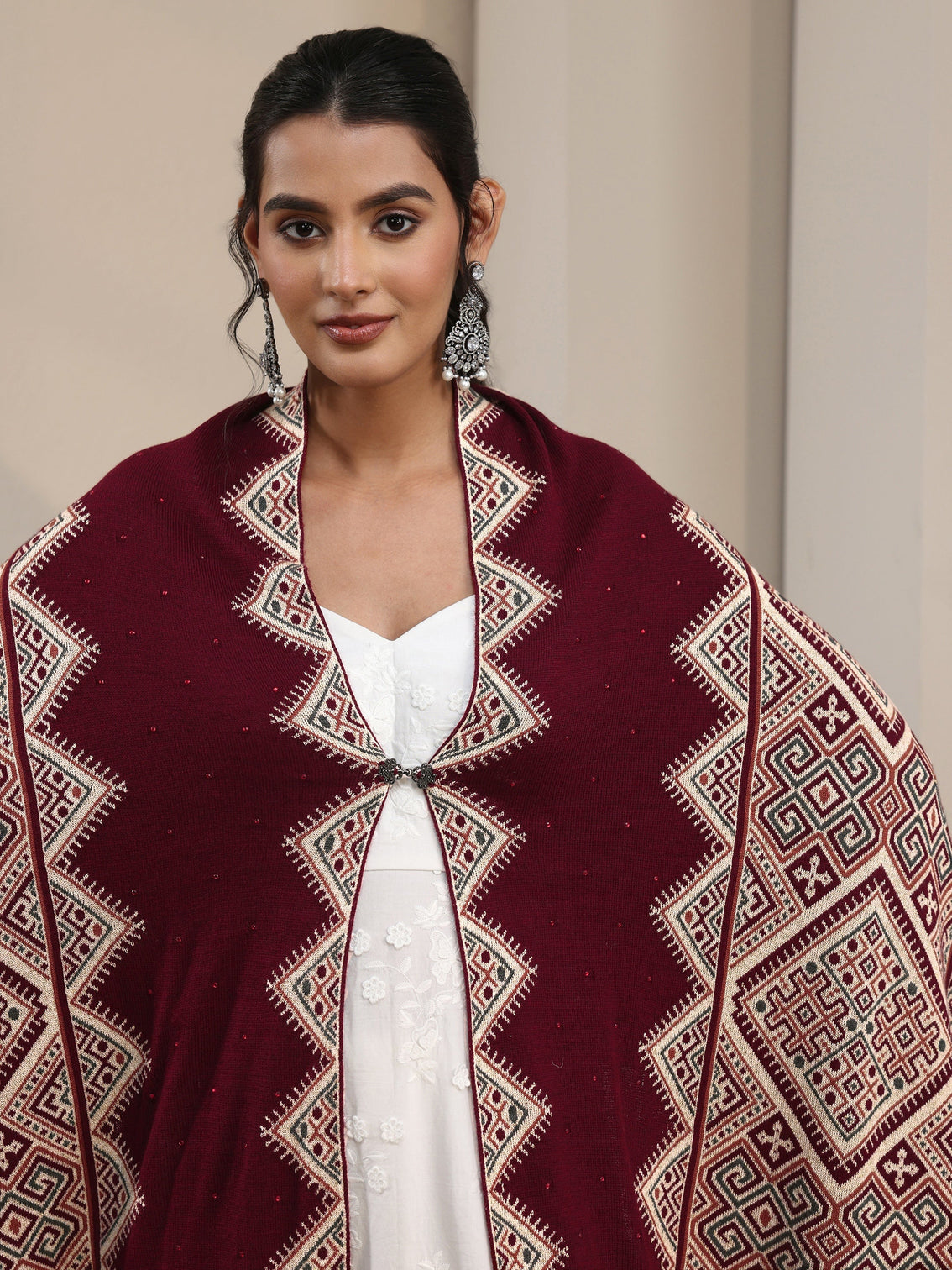 Mameraa Maroon Geometric Knitted Acrylic Wrap Shawl