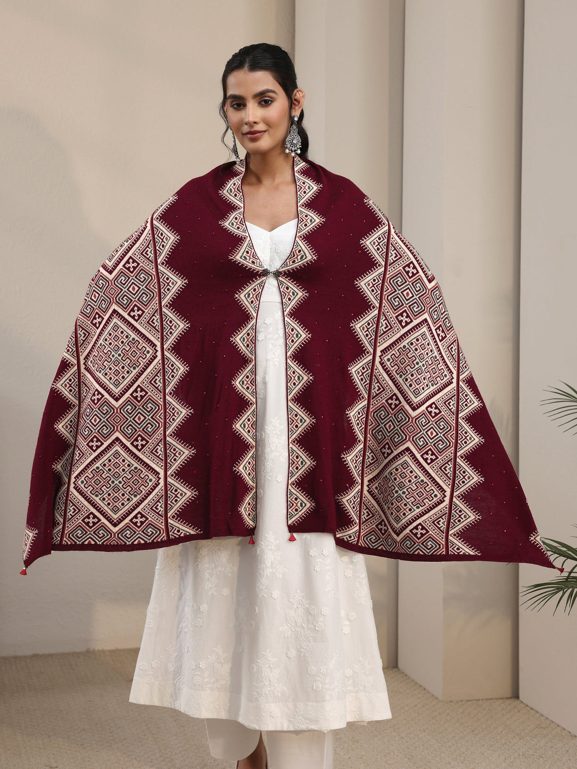 Mameraa Maroon Geometric Knitted Acrylic Wrap Shawl