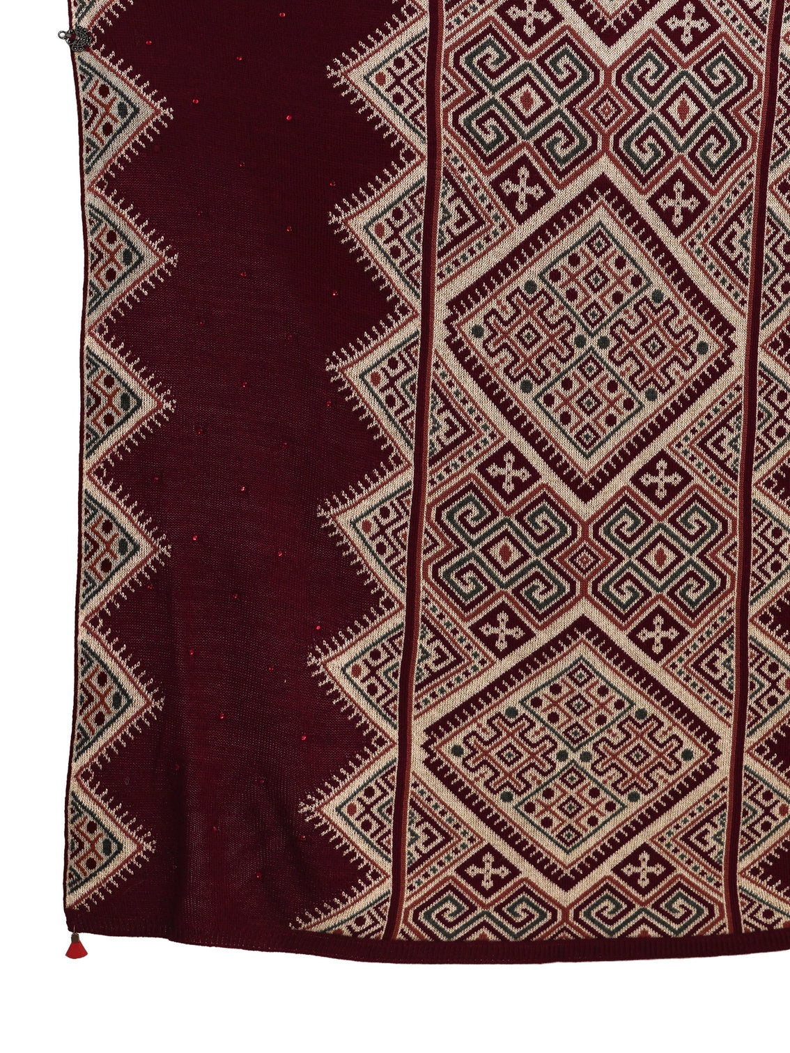 Mameraa Maroon Geometric Knitted Acrylic Wrap Shawl