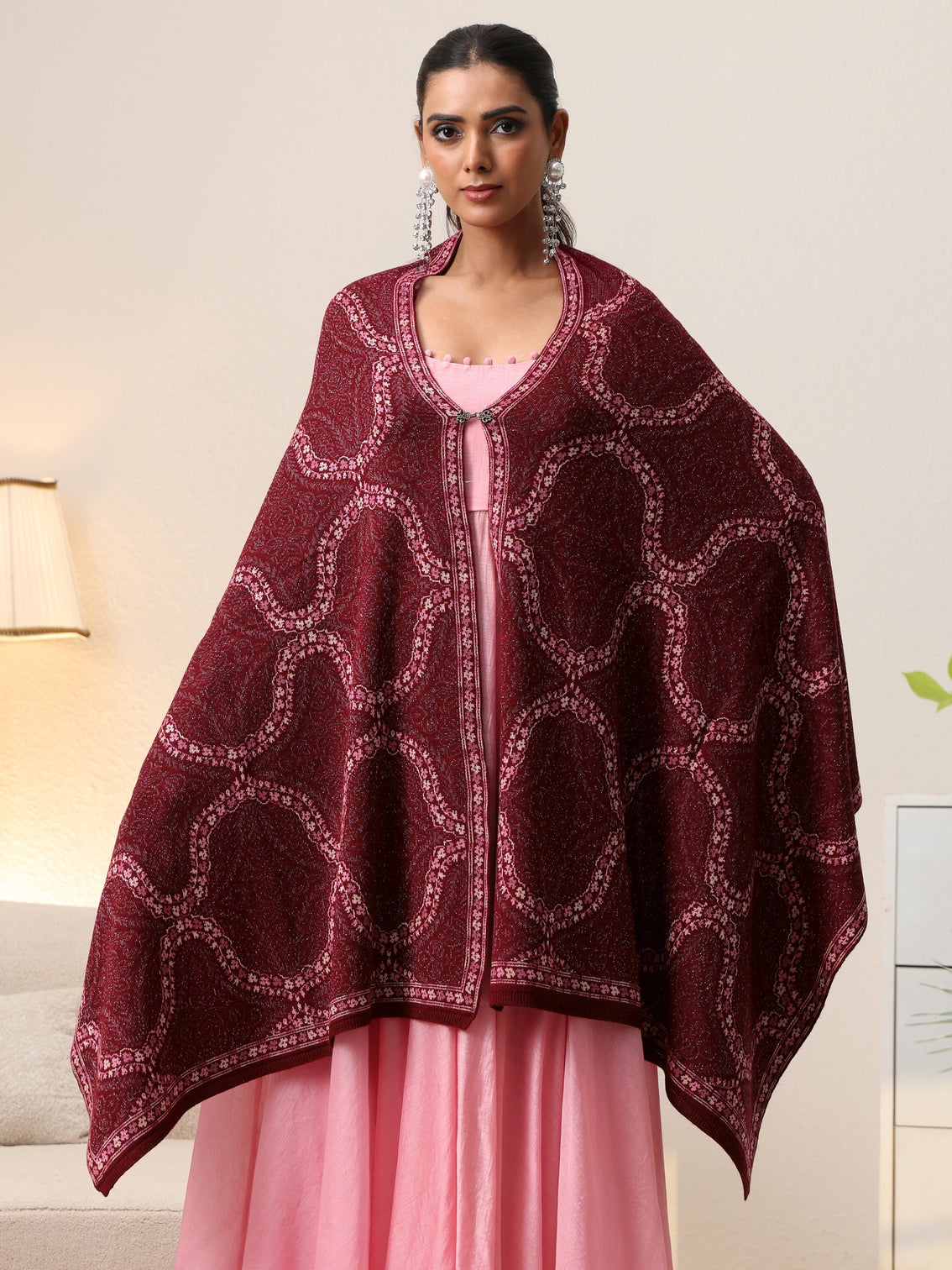 Mameraa Maroon Geometric Knitted Acrylic Wrap Shawl