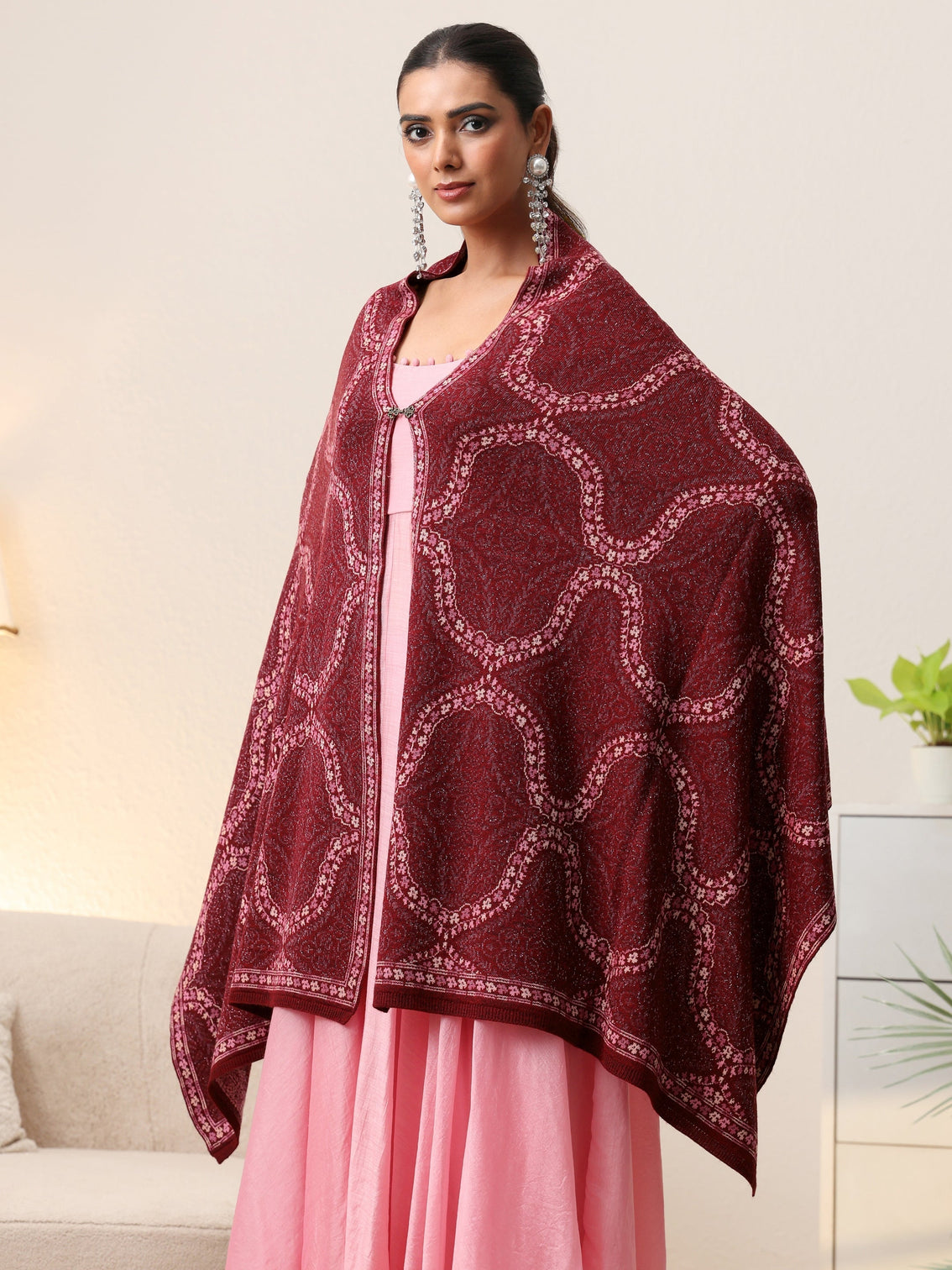 Mameraa Maroon Geometric Knitted Acrylic Wrap Shawl