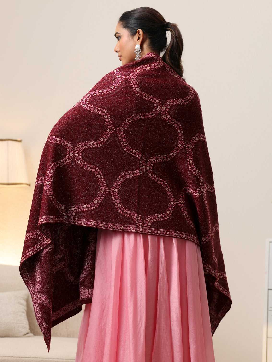 Mameraa Maroon Geometric Knitted Acrylic Wrap Shawl