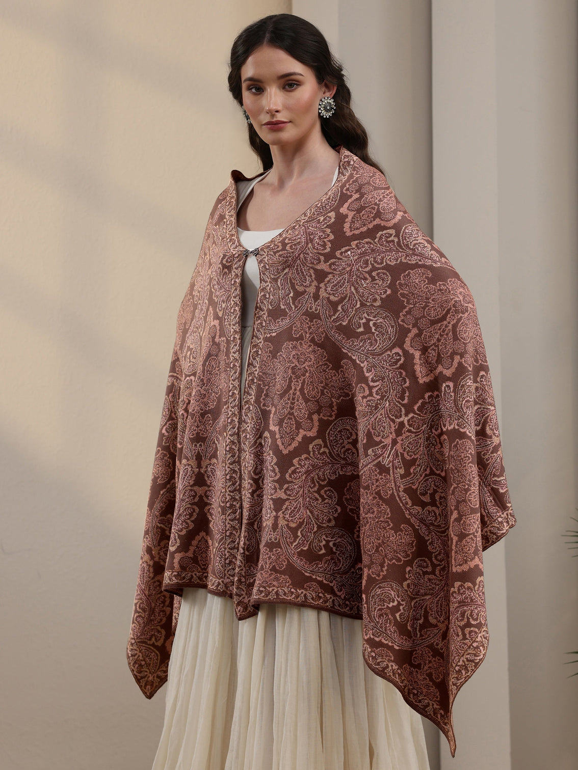 Mameraa Mauve Floral Knitted Acrylic Wrap Shawl