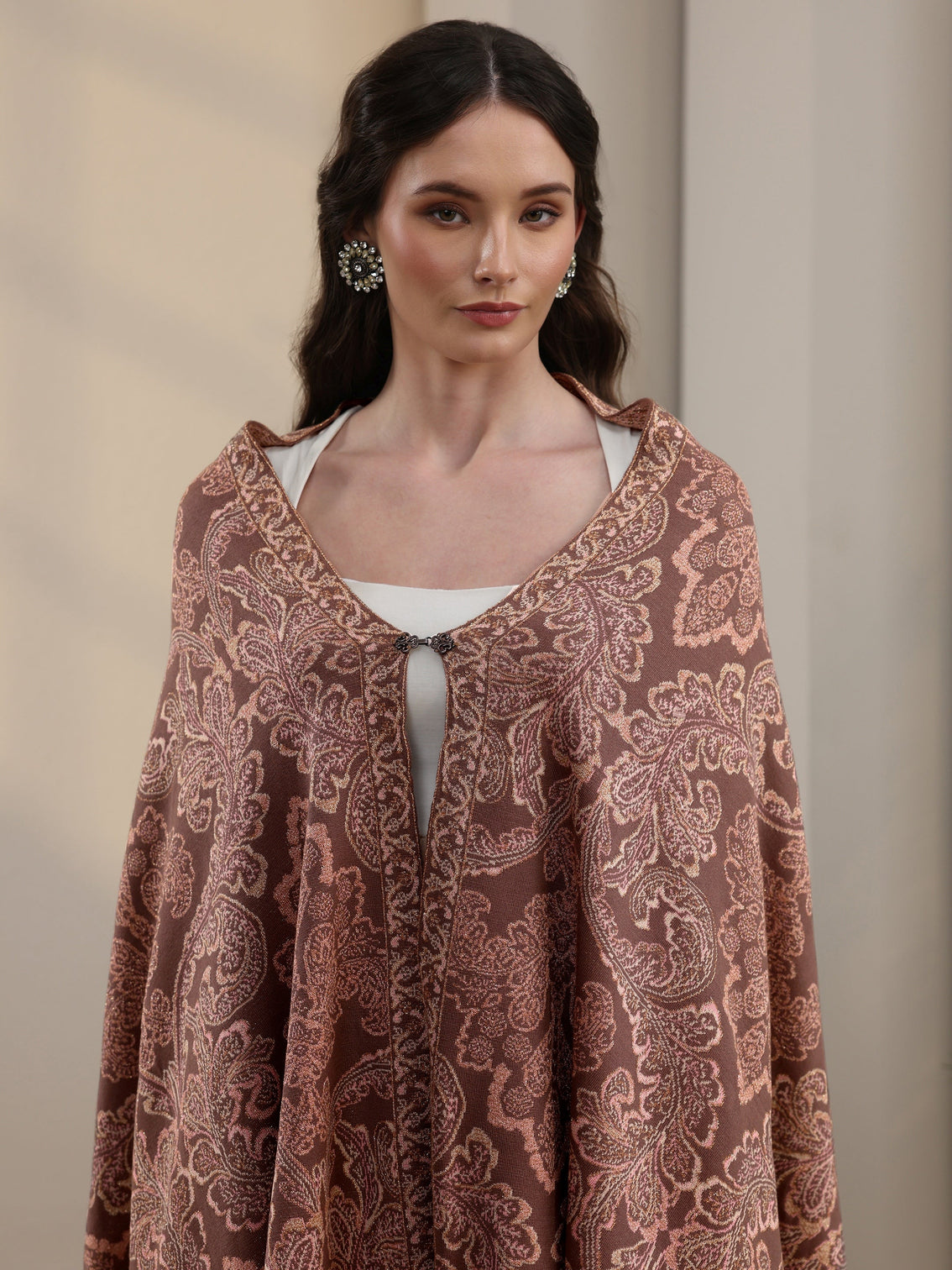 Mameraa Mauve Floral Knitted Acrylic Wrap Shawl