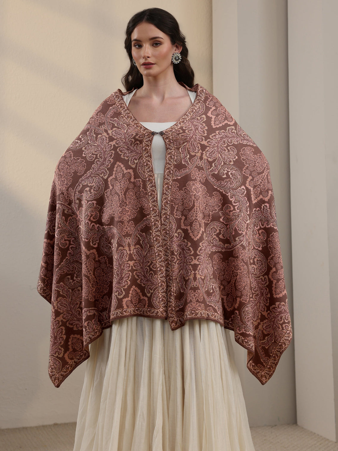 Mameraa Mauve Floral Knitted Acrylic Wrap Shawl