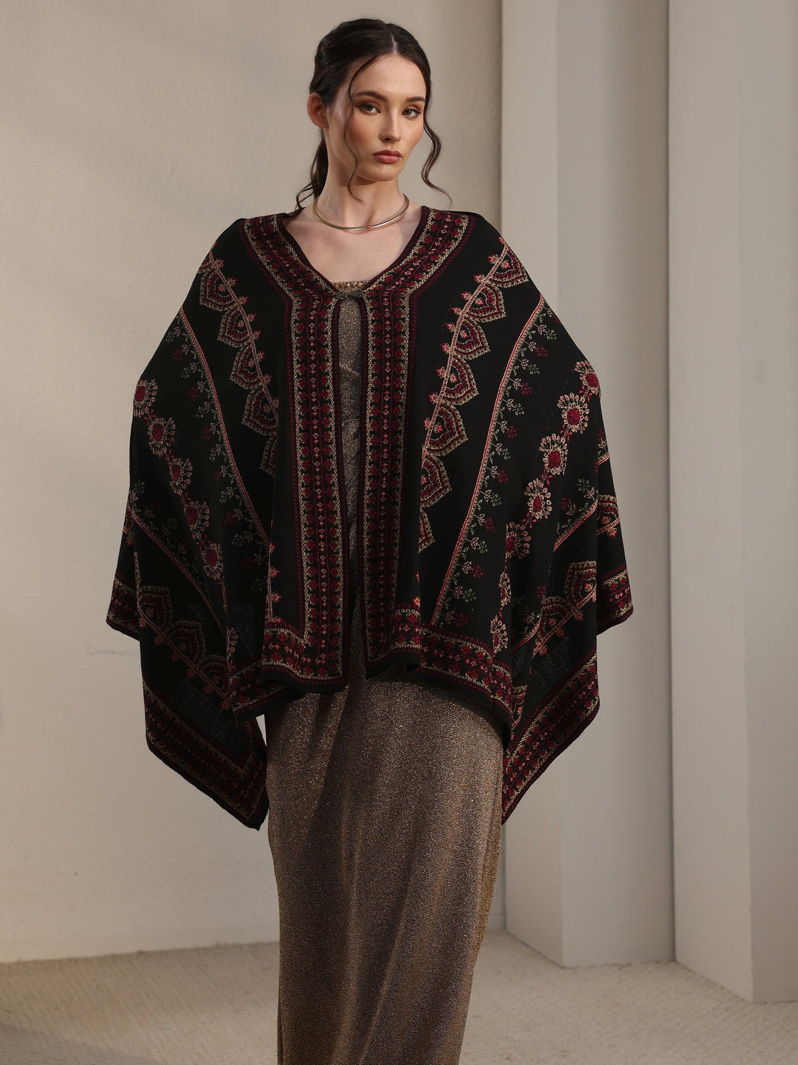 Mameraa Black Ethnic Knitted Acrylic Wrap Shawl