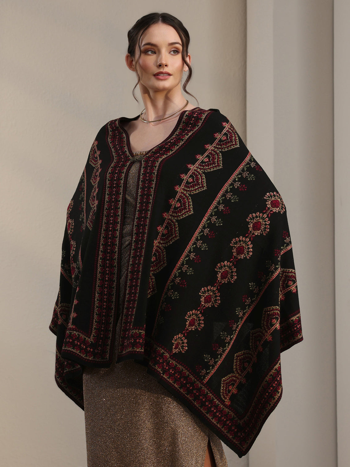 Mameraa Black Ethnic Knitted Acrylic Wrap Shawl