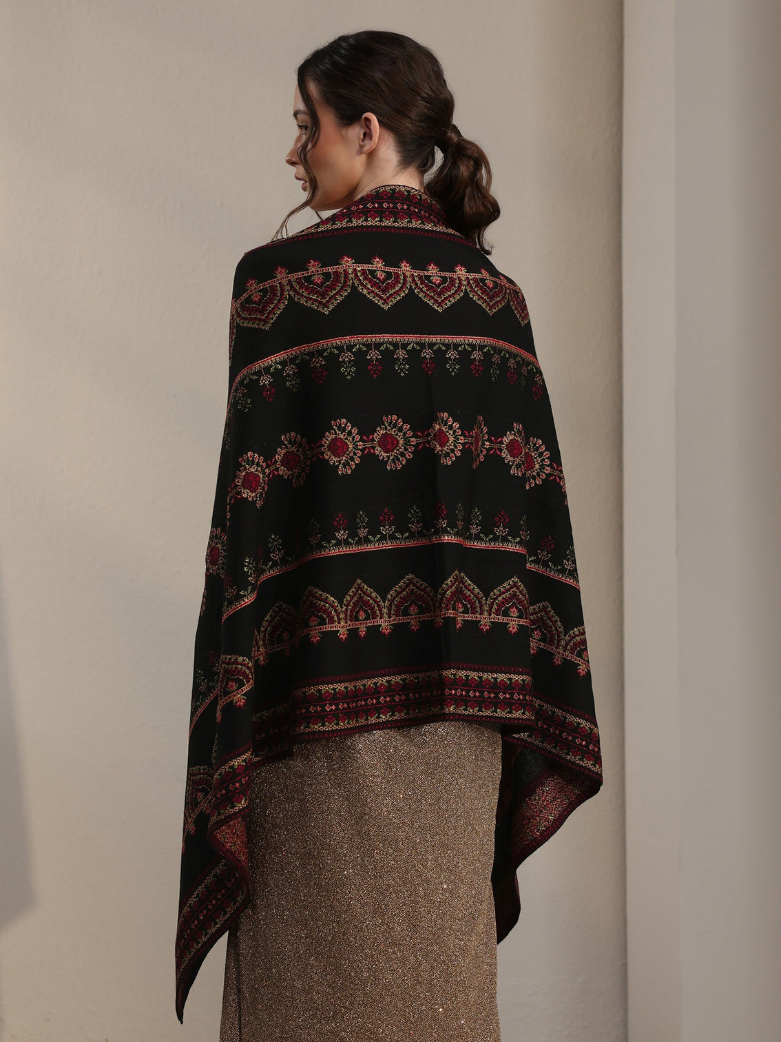 Mameraa Black Ethnic Knitted Acrylic Wrap Shawl