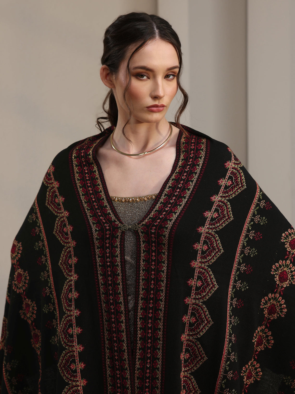 Mameraa Black Ethnic Knitted Acrylic Wrap Shawl