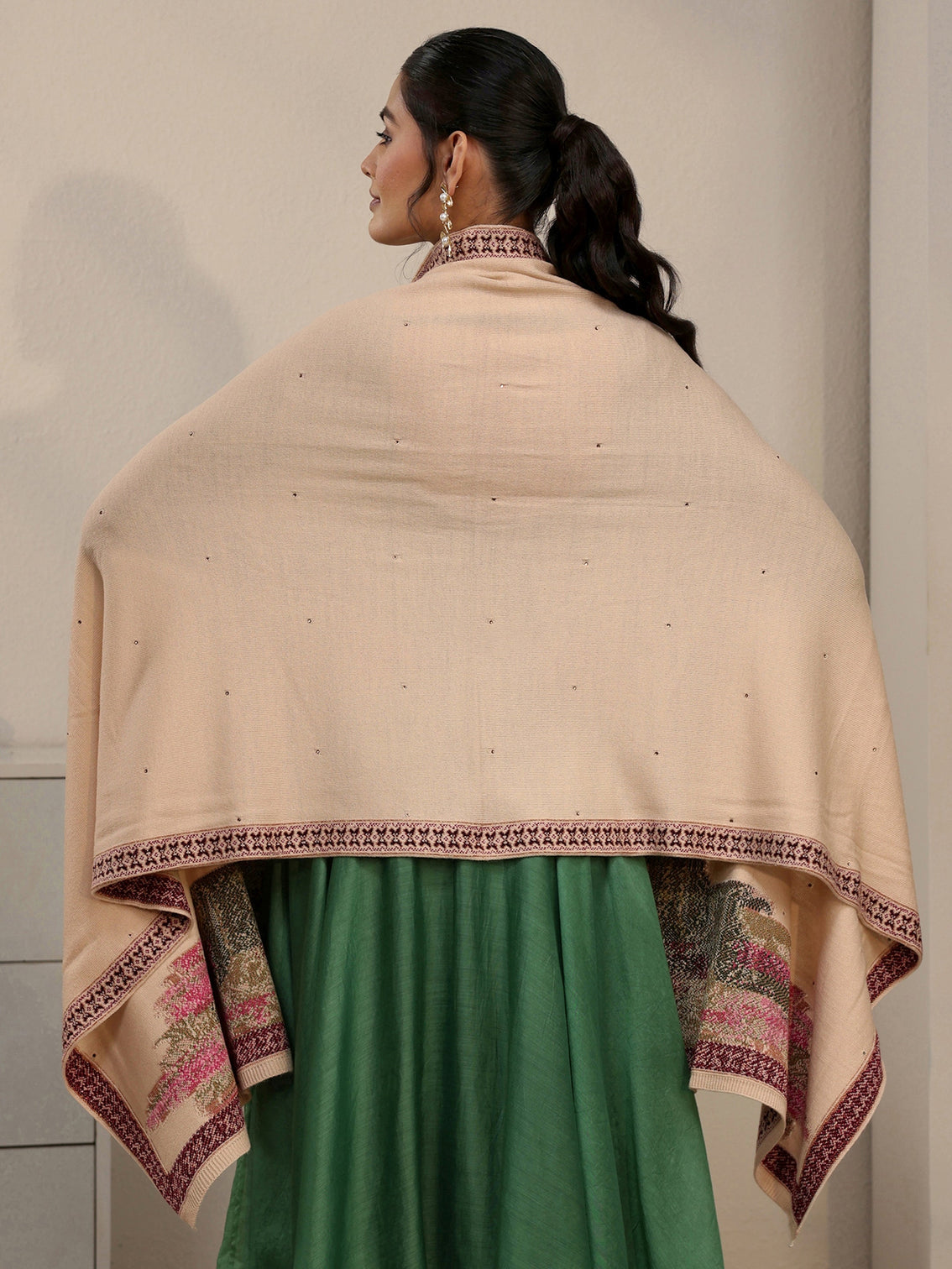 Mameraa Beige Floral Knitted Acrylic Wrap Shawl