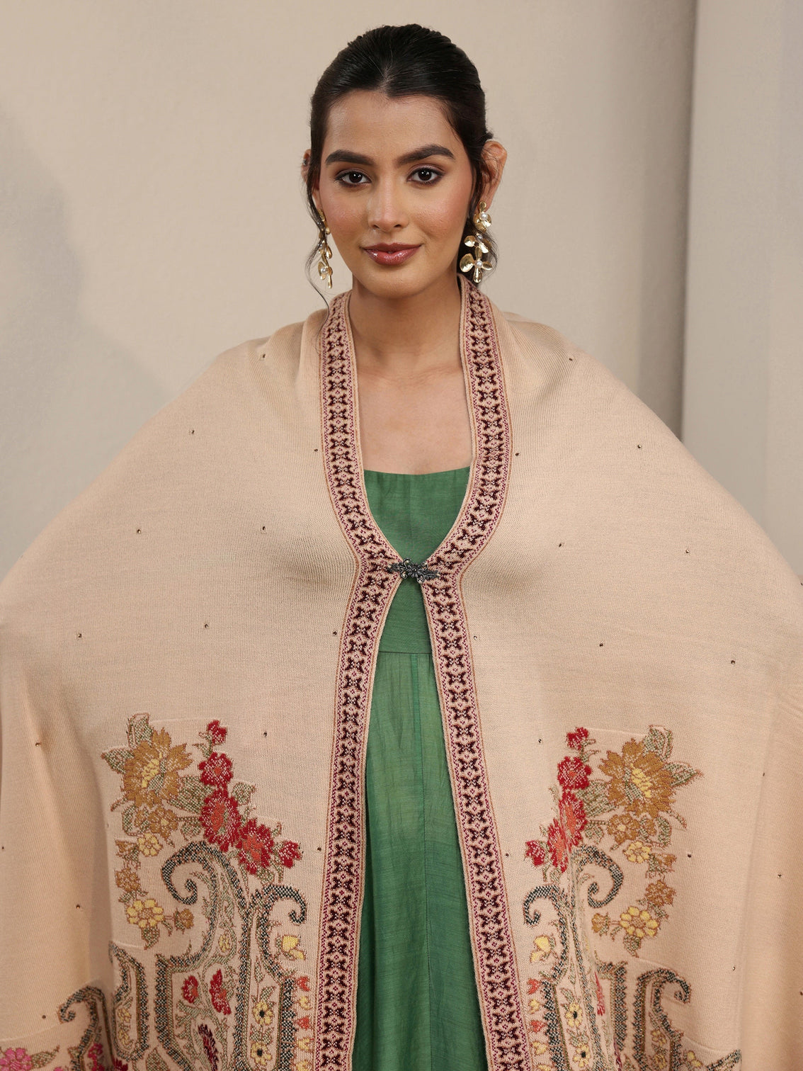 Mameraa Beige Floral Knitted Acrylic Wrap Shawl