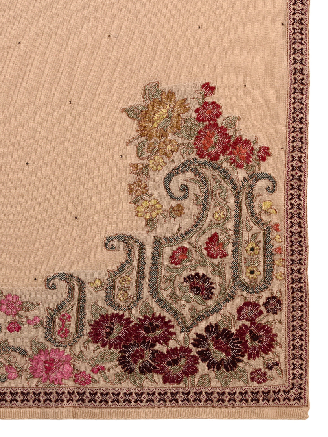 Mameraa Beige Floral Knitted Acrylic Wrap Shawl