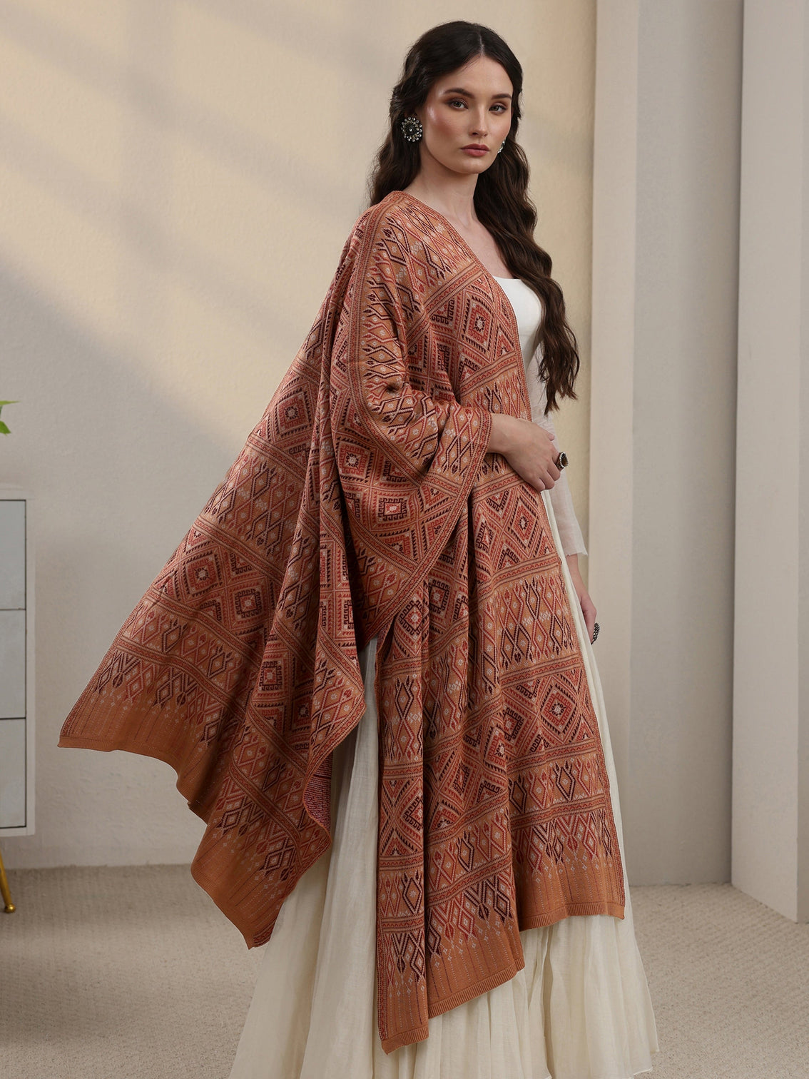 Mameraa Rust Geometric Knitted Acrylic Shawl