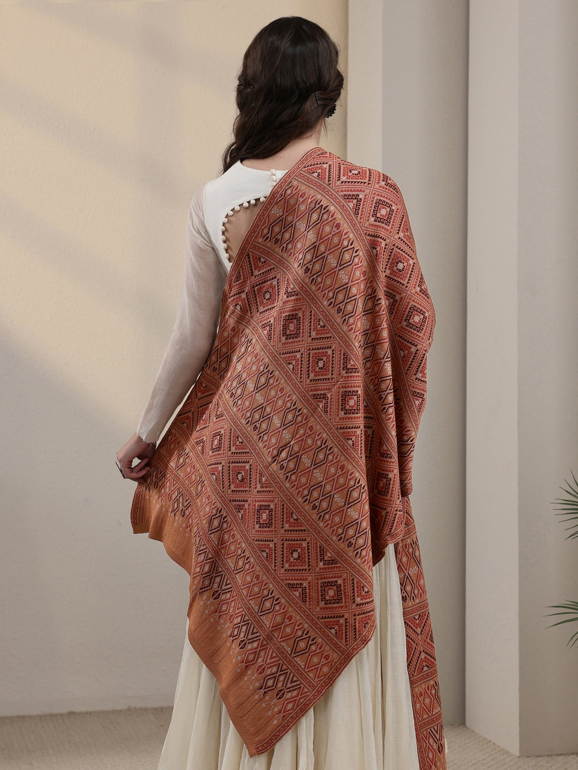 Mameraa Rust Geometric Knitted Acrylic Shawl