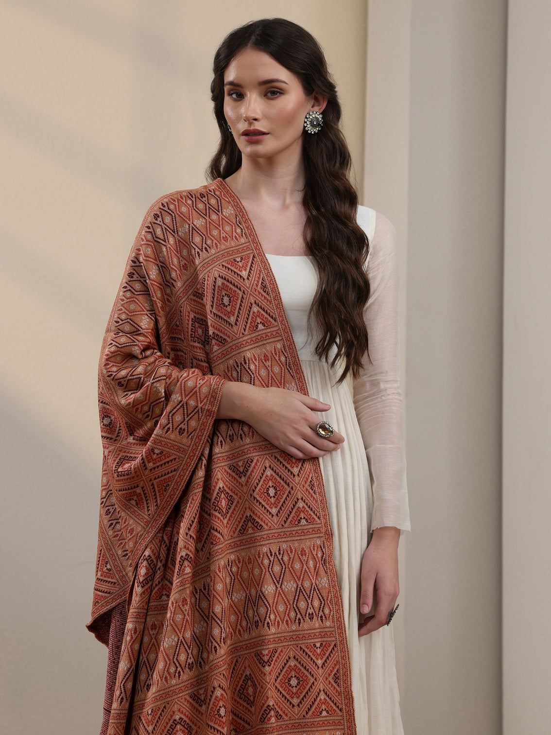 Mameraa Rust Geometric Knitted Acrylic Shawl