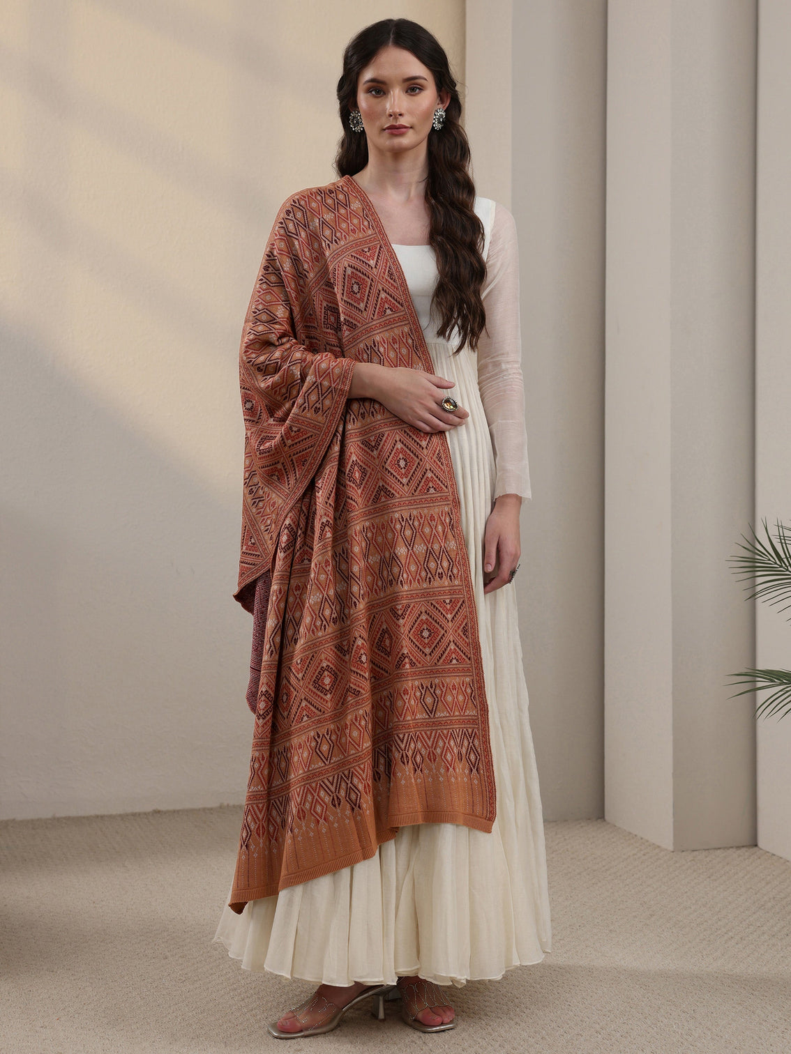 Mameraa Rust Geometric Knitted Acrylic Shawl