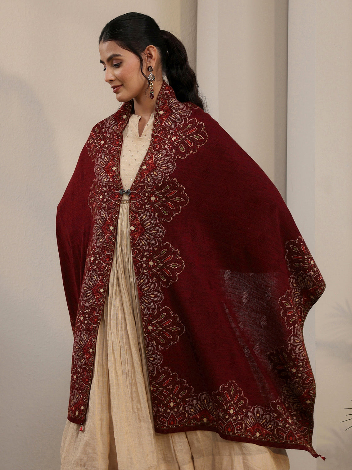 Mameraa Maroon Ethnic Knitted Acrylic Wrap Shawl