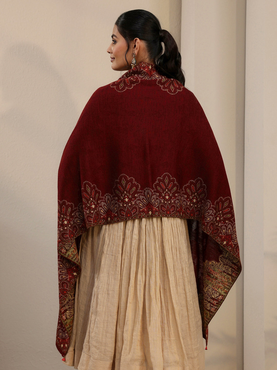 Mameraa Maroon Ethnic Knitted Acrylic Wrap Shawl