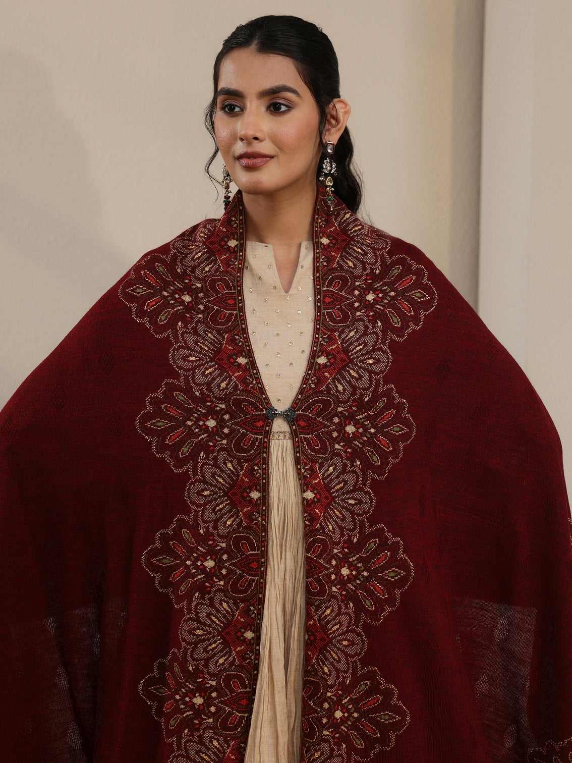 Mameraa Maroon Ethnic Knitted Acrylic Wrap Shawl