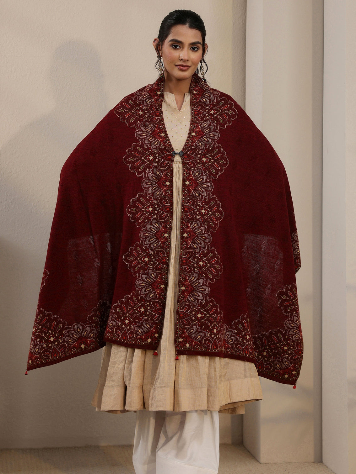 Mameraa Maroon Ethnic Knitted Acrylic Wrap Shawl