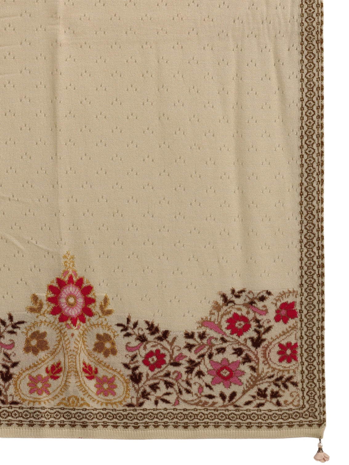Mameraa Beige Floral Mesh Knit Acrylic Shawl