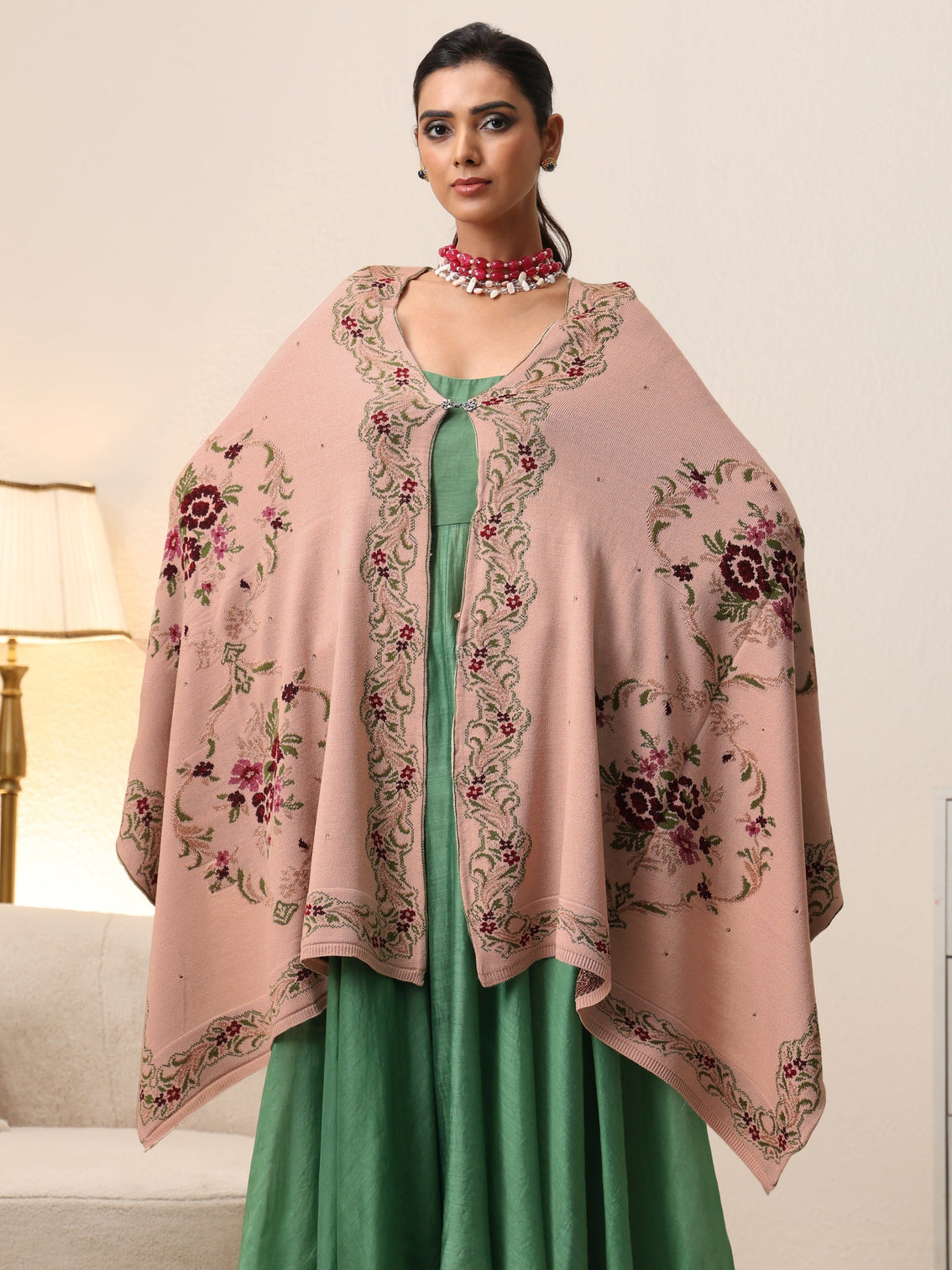 Mameraa Beige Floral Knitted Acrylic Wrap Shawl