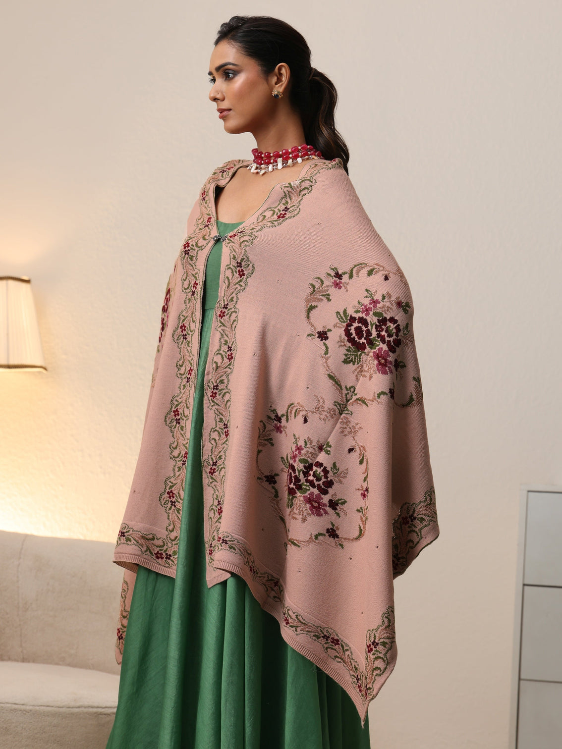 Mameraa Beige Floral Knitted Acrylic Wrap Shawl
