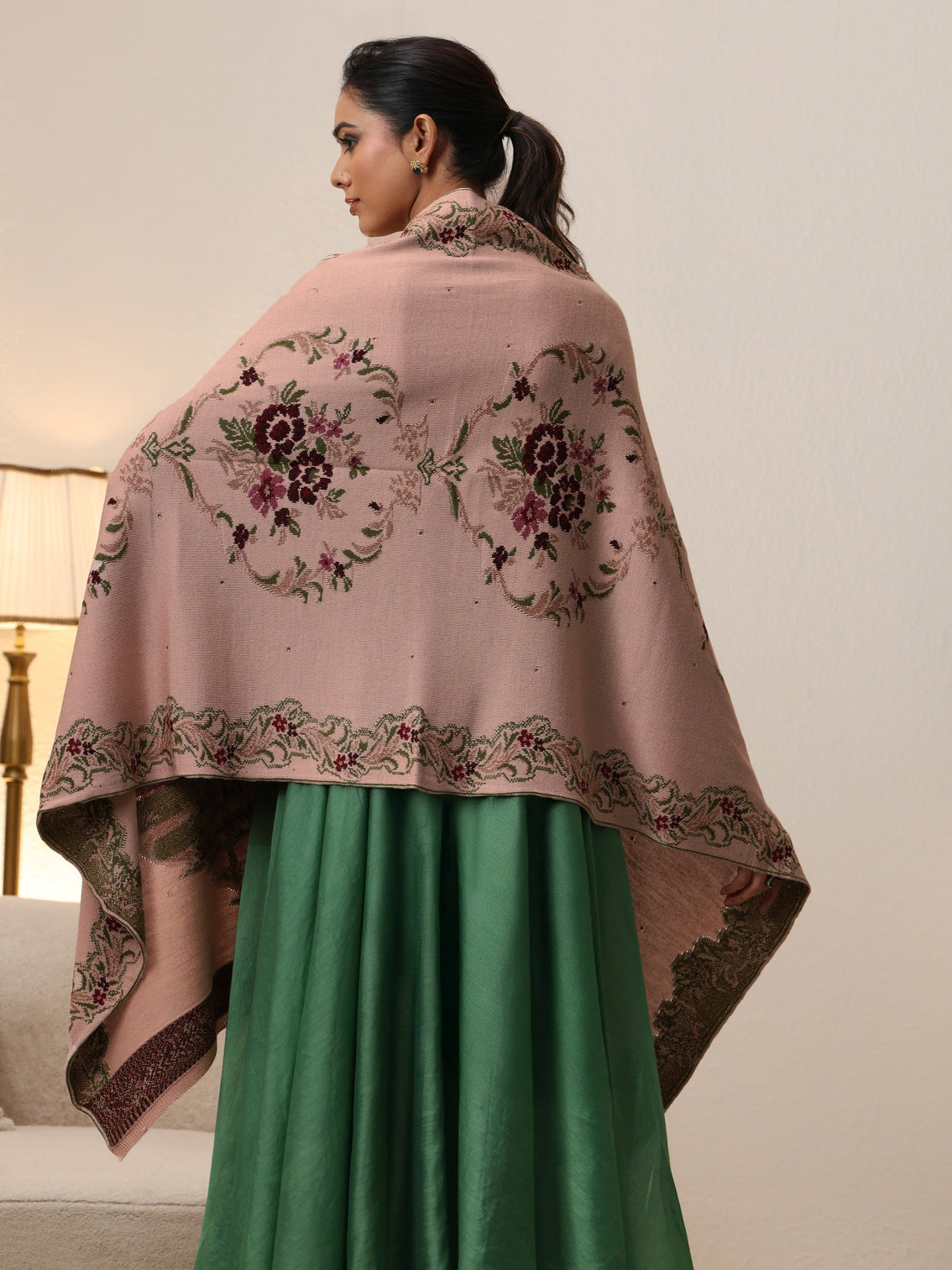 Mameraa Beige Floral Knitted Acrylic Wrap Shawl