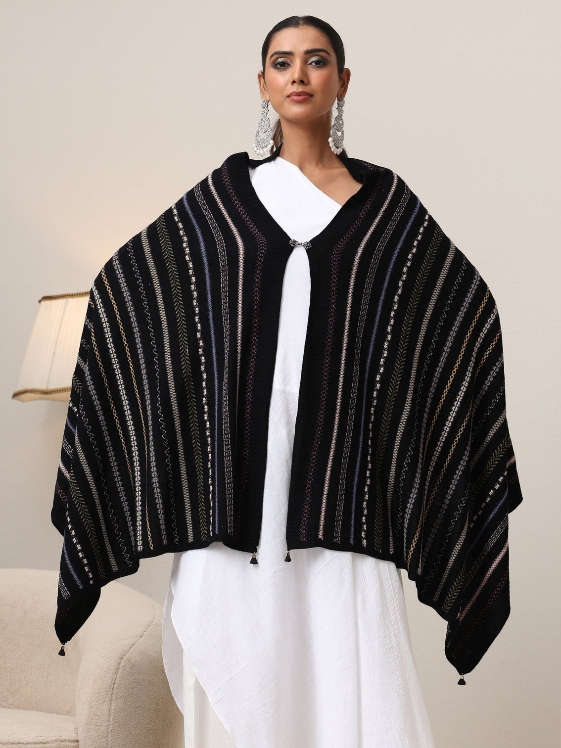 Mameraa Black Striped Knitted Acrylic Wrap Shawl