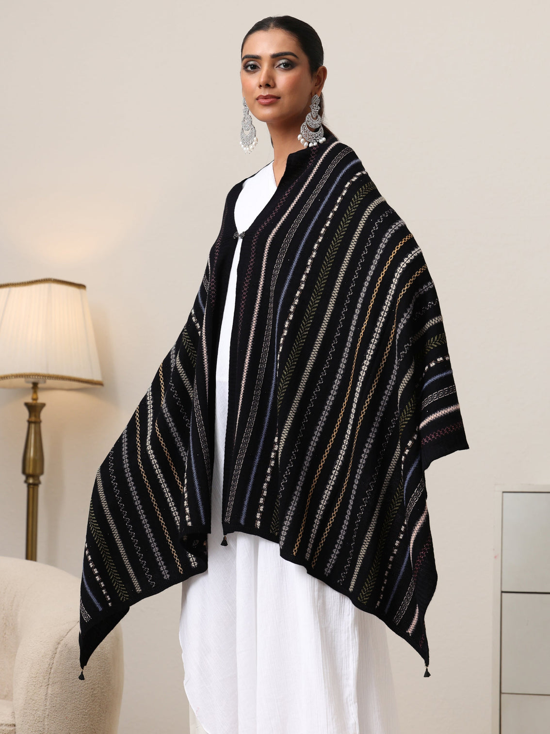 Mameraa Black Striped Knitted Acrylic Wrap Shawl