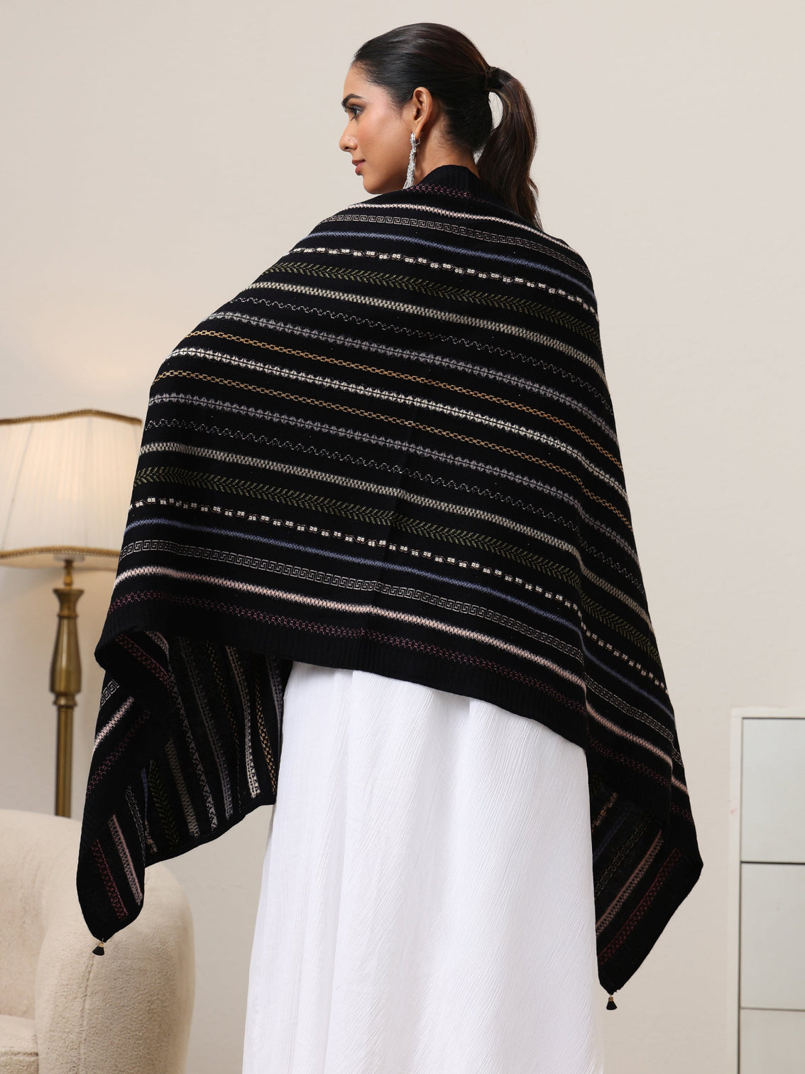 Mameraa Black Striped Knitted Acrylic Wrap Shawl