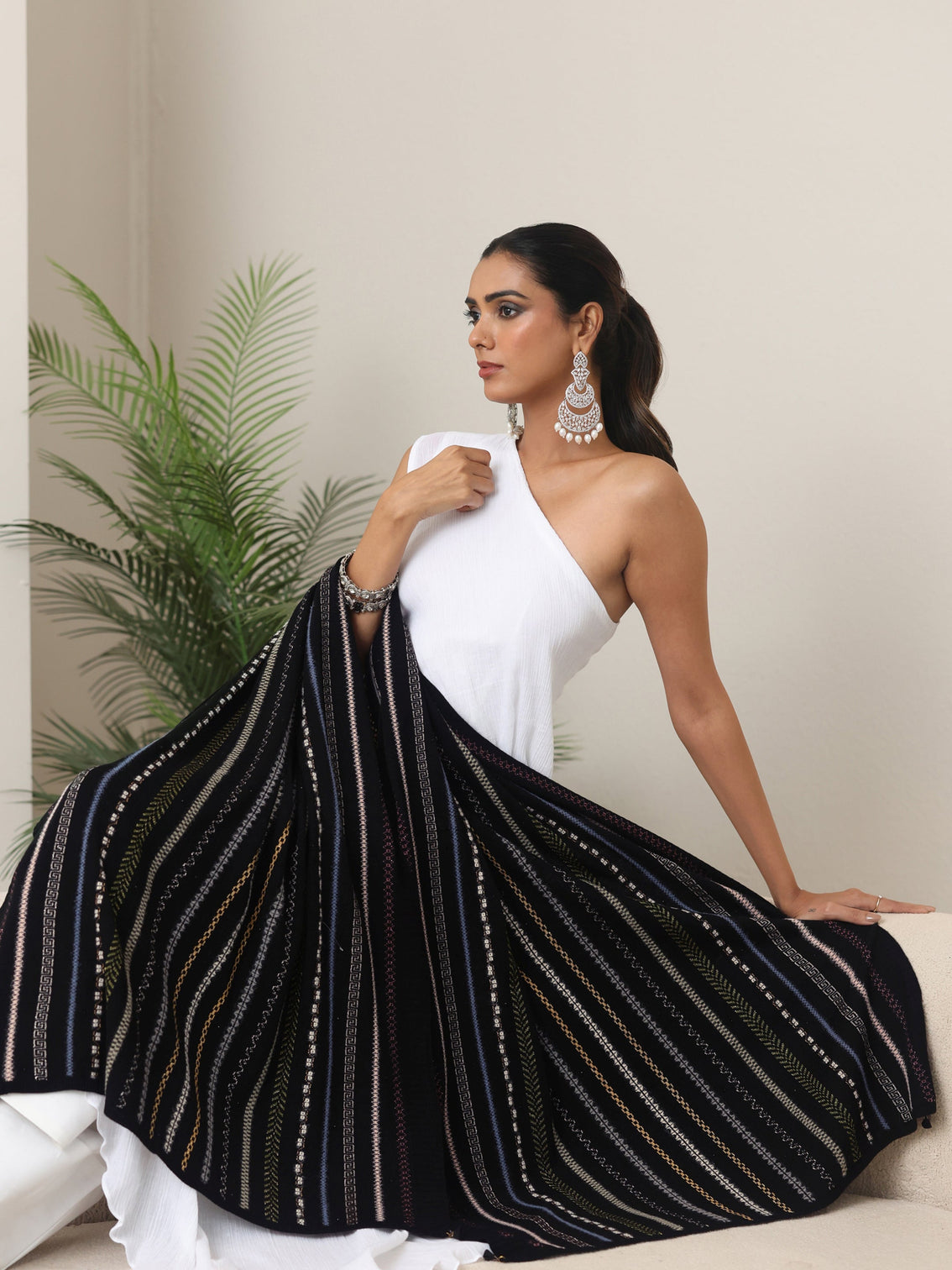 Mameraa Black Striped Knitted Acrylic Wrap Shawl