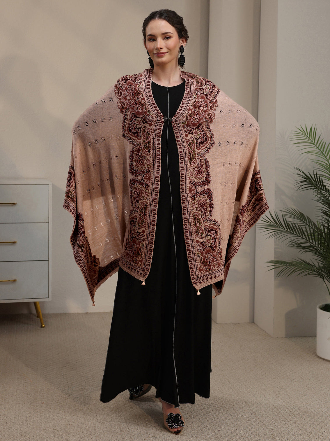 Mameraa Beige Ethnic Mesh Knitted Acrylic Wrap Shawl