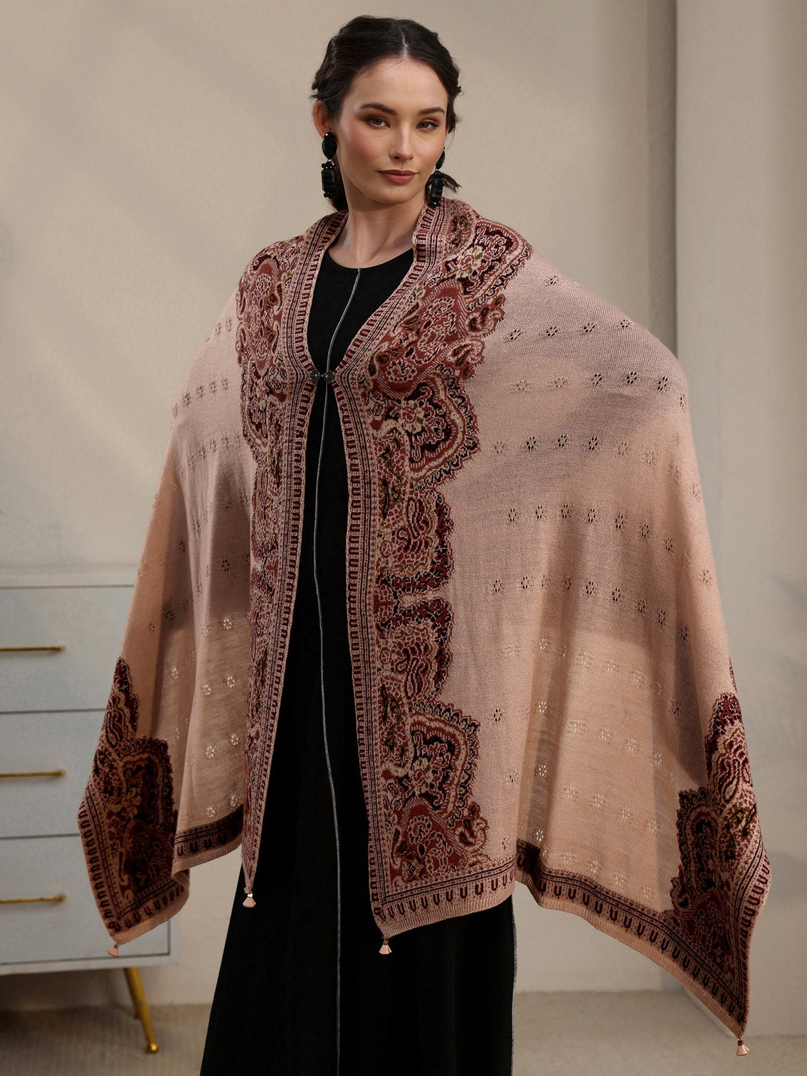 Mameraa Beige Ethnic Mesh Knitted Acrylic Wrap Shawl