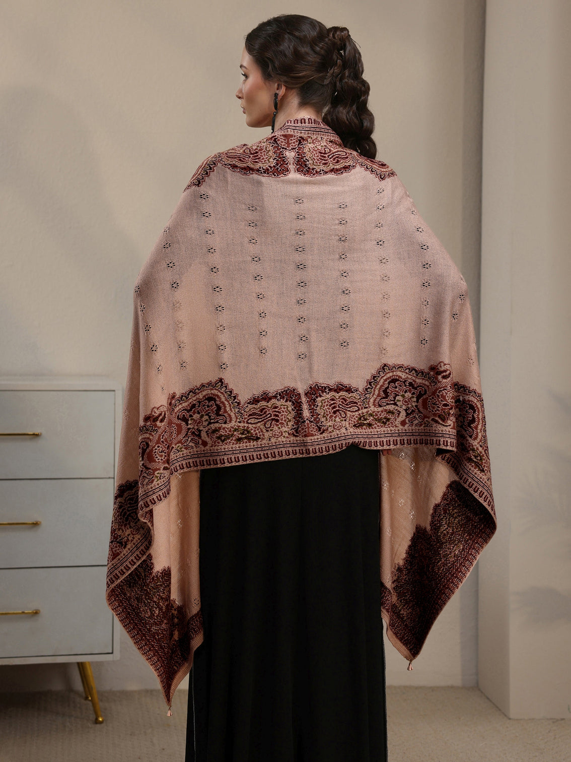 Mameraa Beige Ethnic Mesh Knitted Acrylic Wrap Shawl