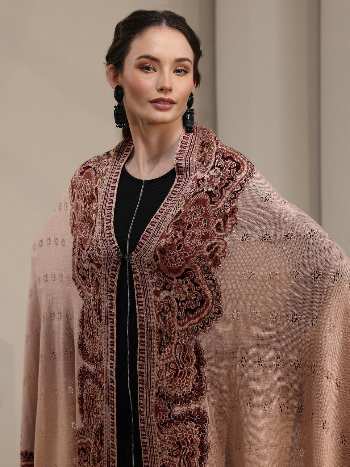 Mameraa Beige Ethnic Mesh Knitted Acrylic Wrap Shawl