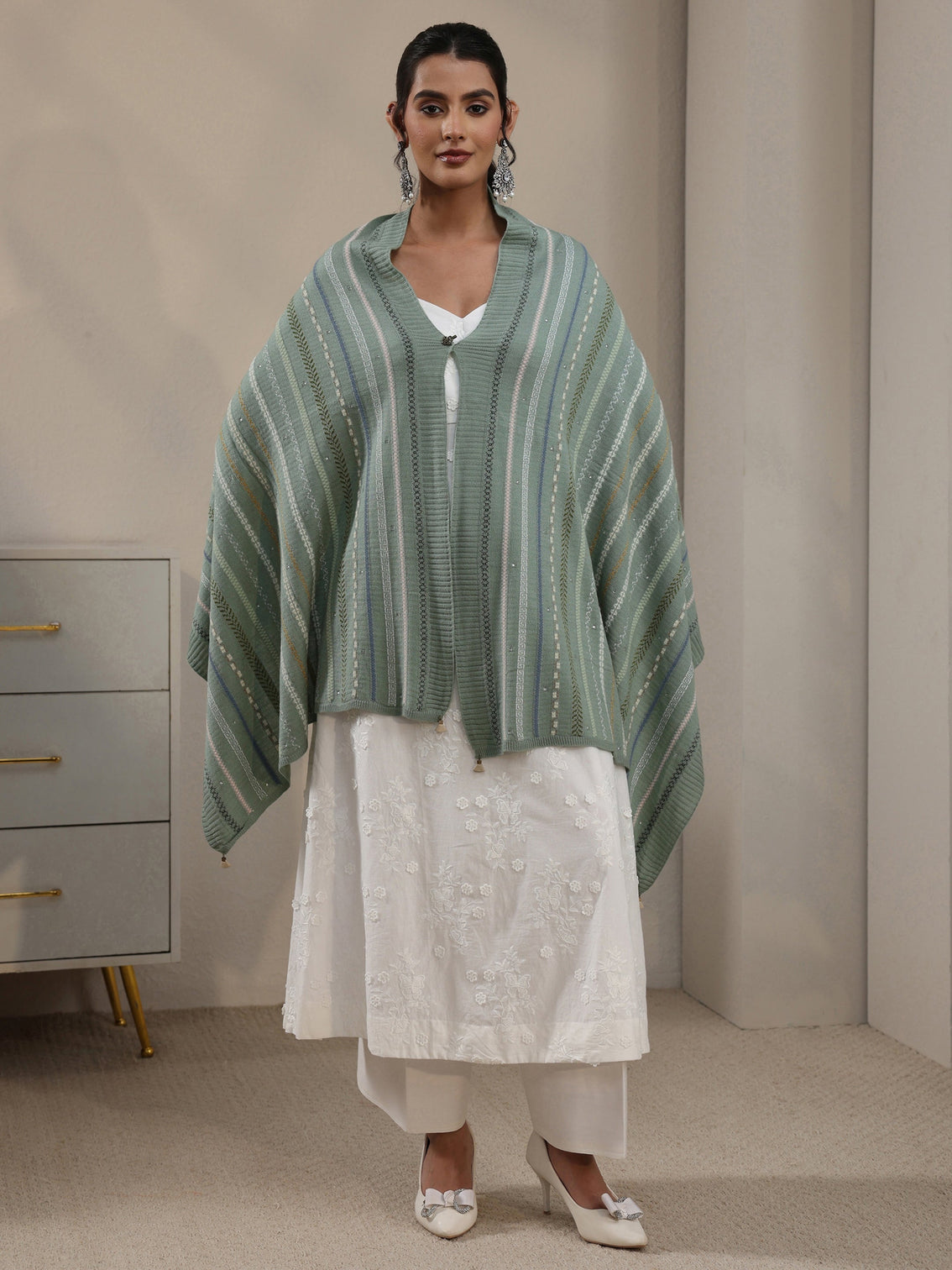 Mameraa Sage Green Ethnic Striped Knitted Acrylic Wrap Shawl