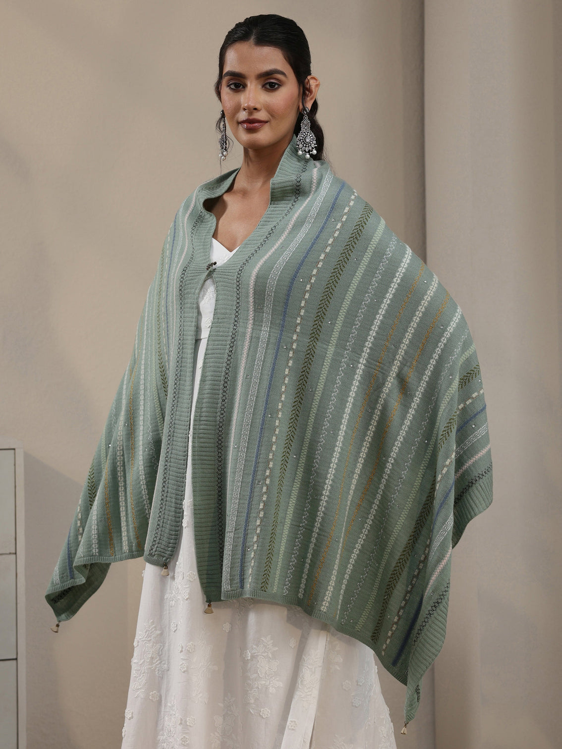 Mameraa Sage Green Ethnic Striped Knitted Acrylic Wrap Shawl