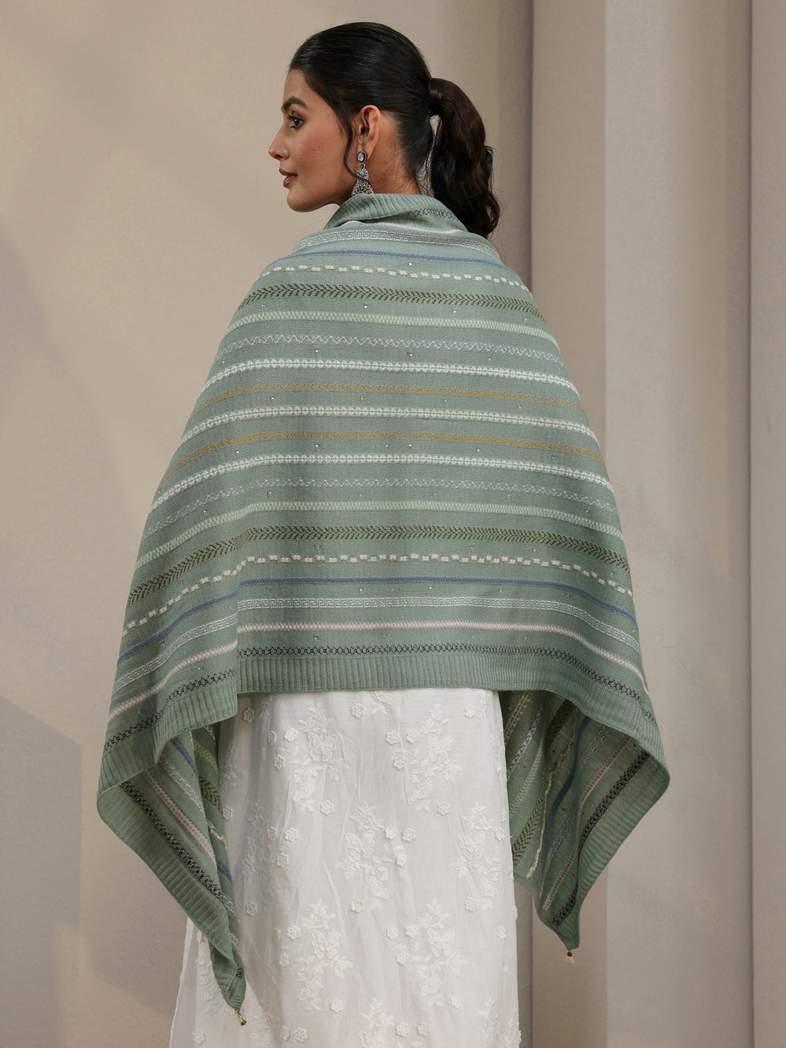 Mameraa Sage Green Ethnic Striped Knitted Acrylic Wrap Shawl