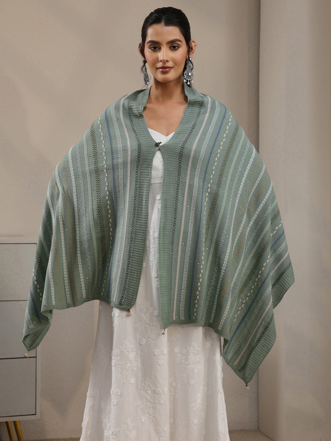 Mameraa Sage Green Ethnic Striped Knitted Acrylic Wrap Shawl