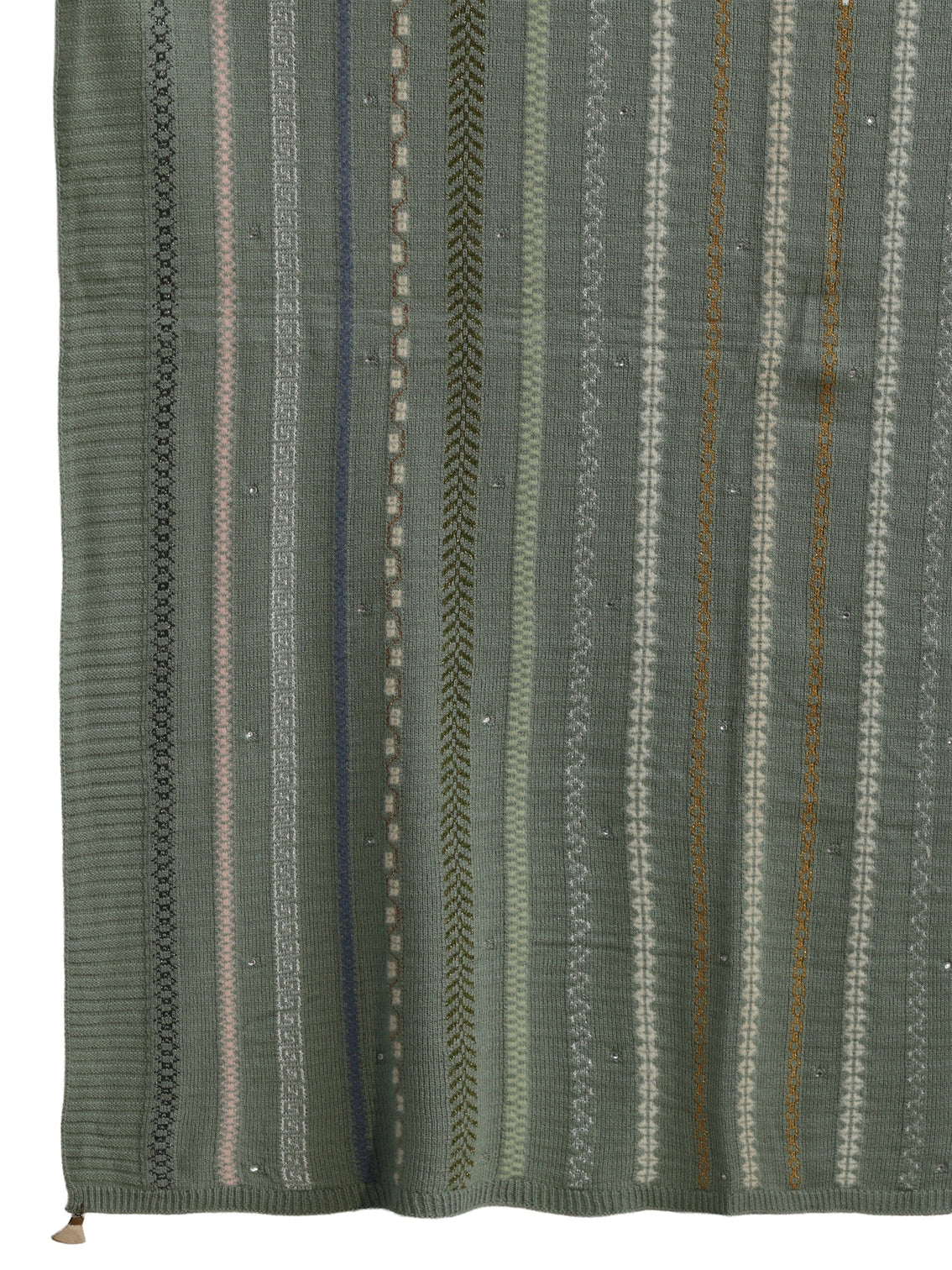 Mameraa Sage Green Ethnic Striped Knitted Acrylic Wrap Shawl