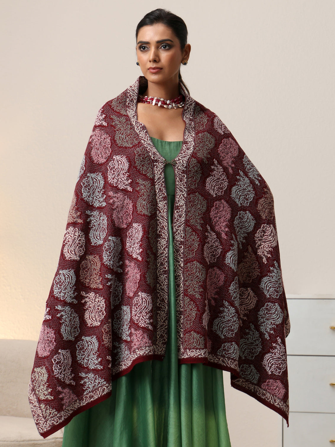 Mameraa Maroon Floral Knitted Acrylic Wrap Shawl