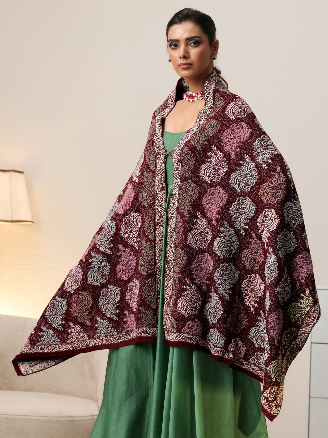 Mameraa Maroon Floral Knitted Acrylic Wrap Shawl
