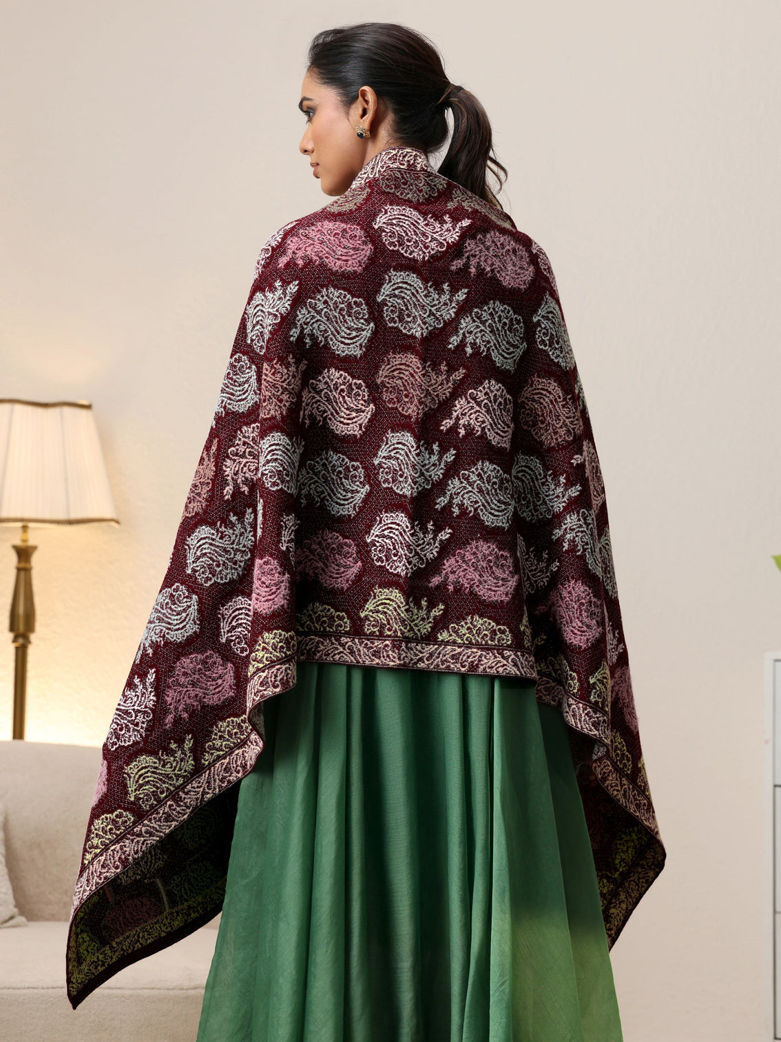Mameraa Maroon Floral Knitted Acrylic Wrap Shawl