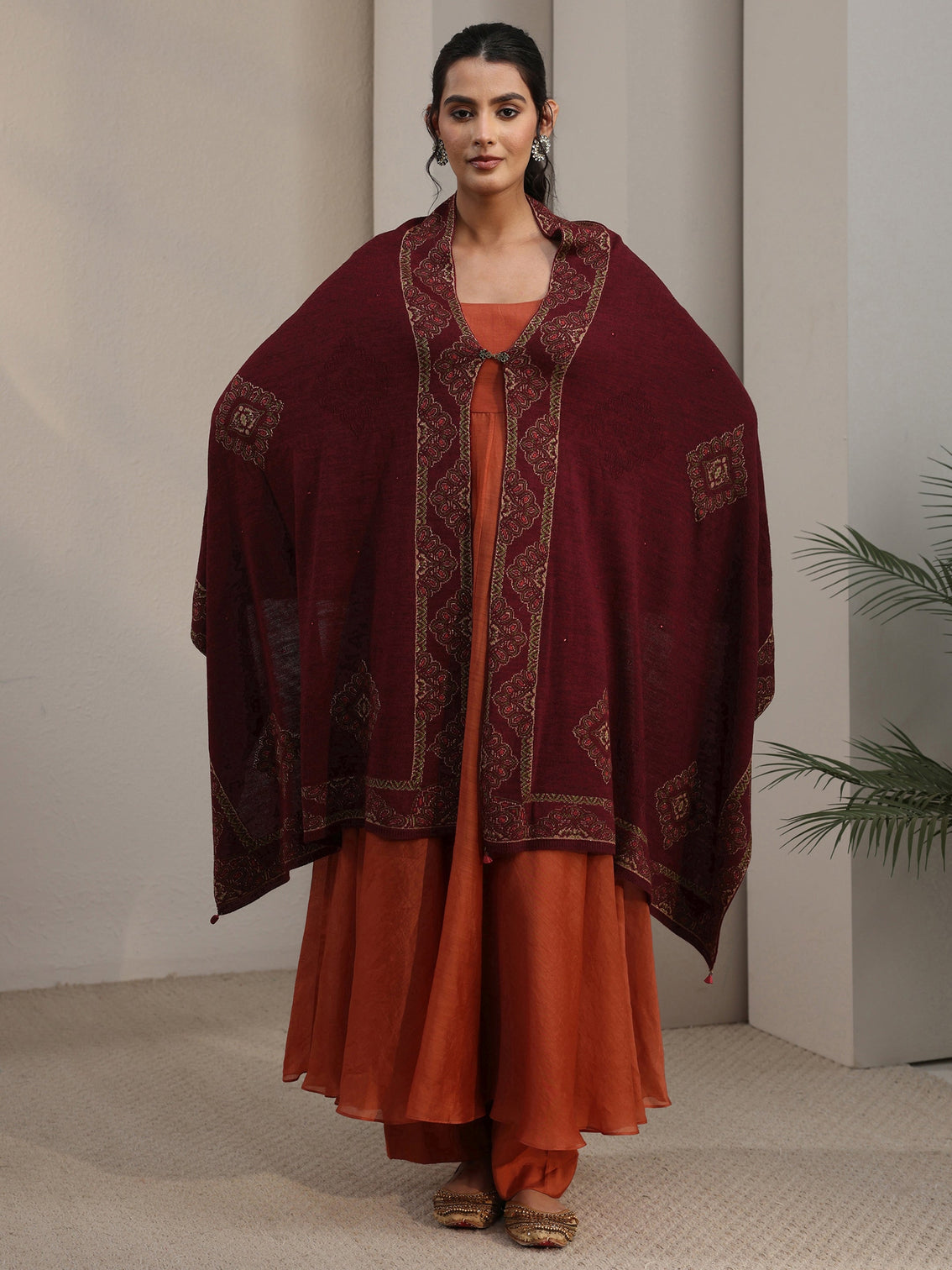 Mameraa Maroon Ethnic Knitted Acrylic Wrap Shawl