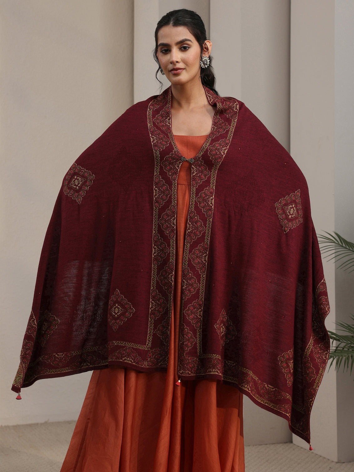 Mameraa Maroon Ethnic Knitted Acrylic Wrap Shawl
